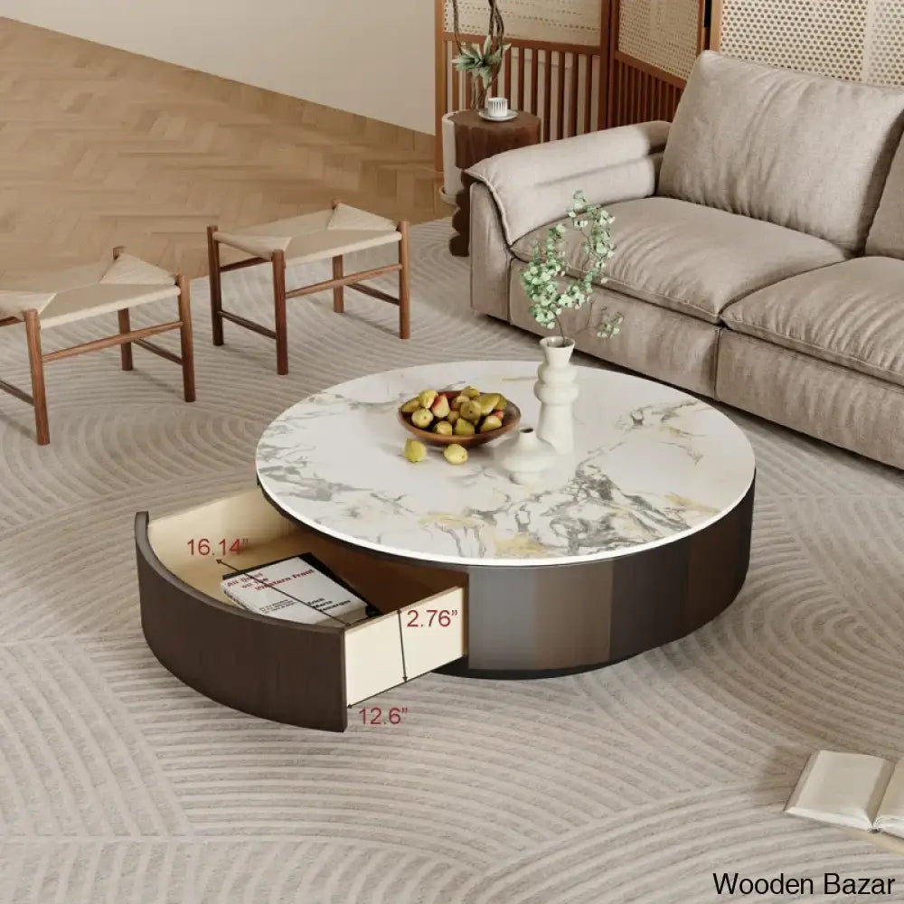 Sumoo 35.5’’ Wood Brown Round Coffee Table Faux Marble Table-Top And Center Table