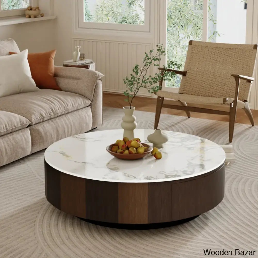 Sumoo 35.5’’ Wood Brown Round Coffee Table Faux Marble Table-Top And Center Table