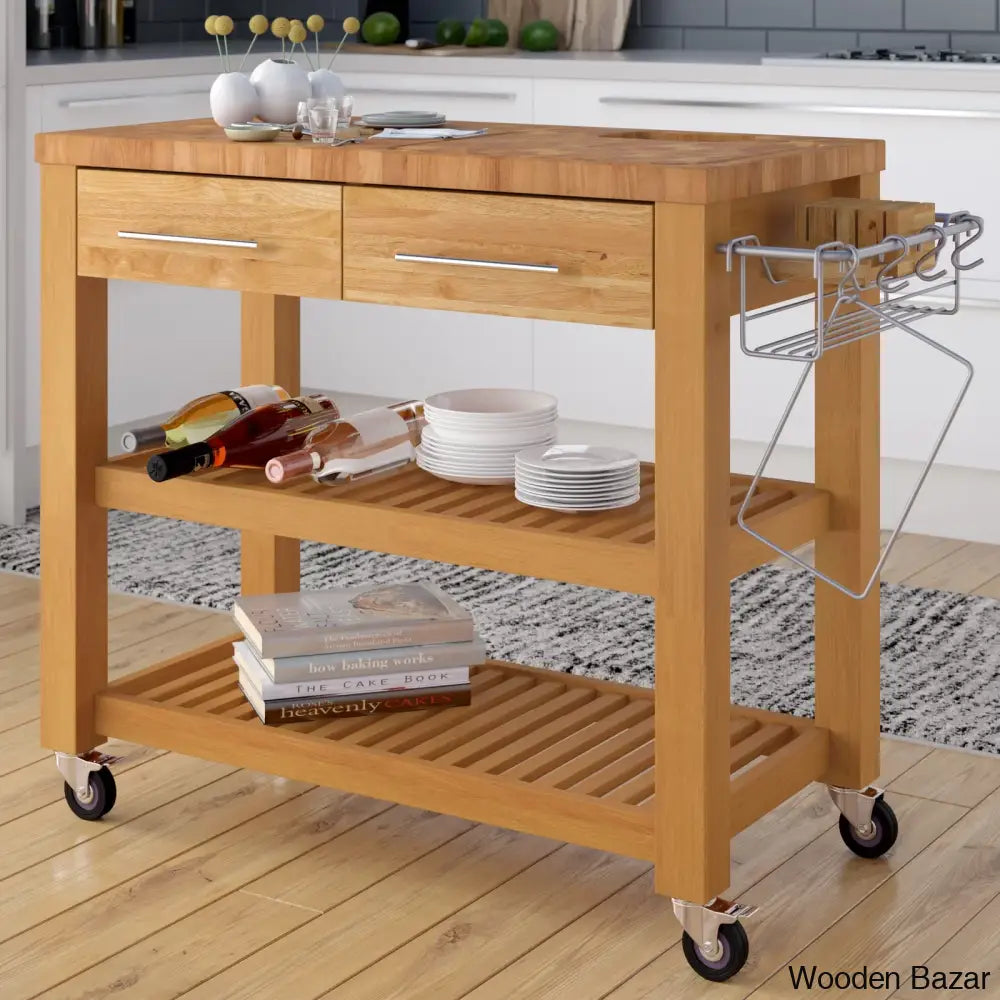 Sydney 38.30’’ Wide Rolling Kitchen Cart Trolley Cart Cabinet Kitchen Island With Storage Natural