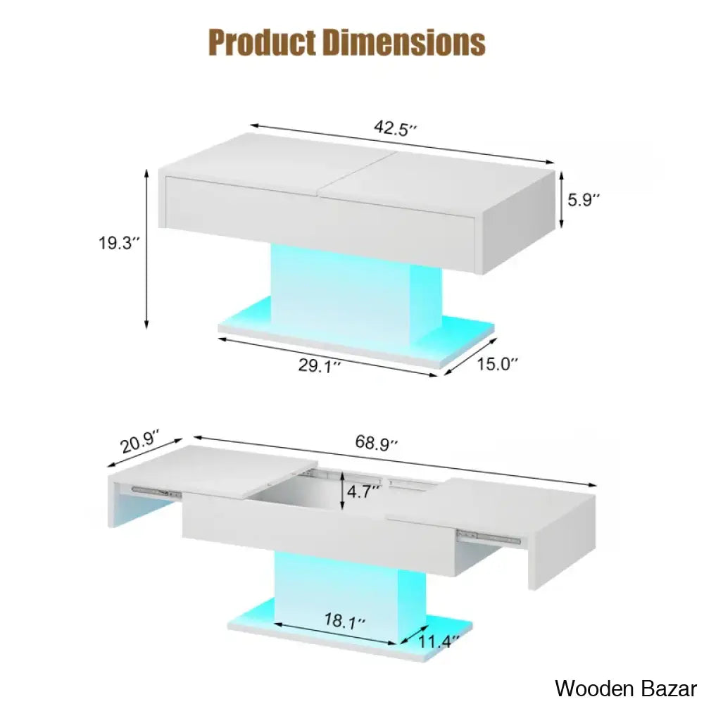 Teirtzan Modern Led Center Coffee And Center Table Sliding Top With Storage For Living Room High