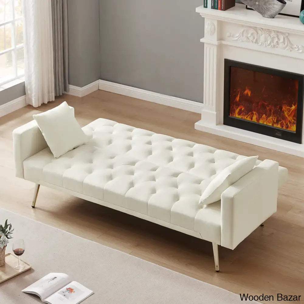 Tremblay Luxury 3 Seater Foldable Chesterfield Sofa Bed In Cream White Color