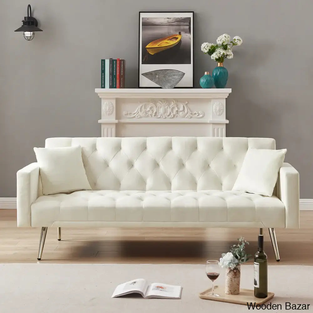 Tremblay Luxury 3 Seater Foldable Chesterfield Sofa Bed In Cream White Color