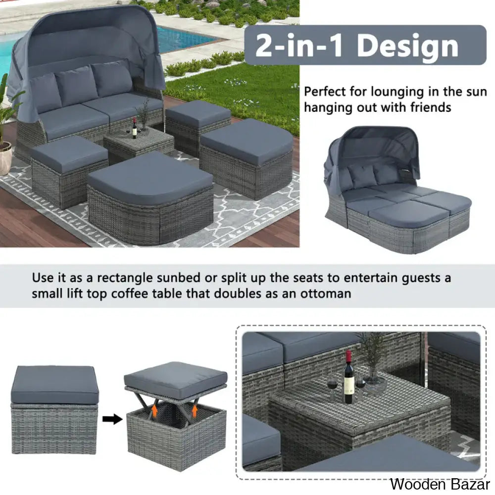 ’U_Style Outdoor Patio Daybed Set With Retractable Canopy - Wicker Sunbed & Conversation For