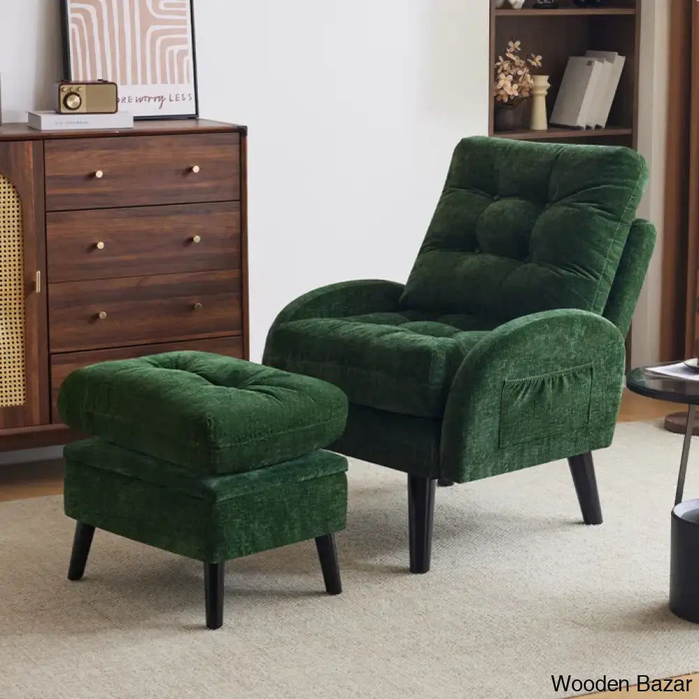 Upholstered Accent Chair And Recliner Ottoman Set Lounge Chair Green Chenille