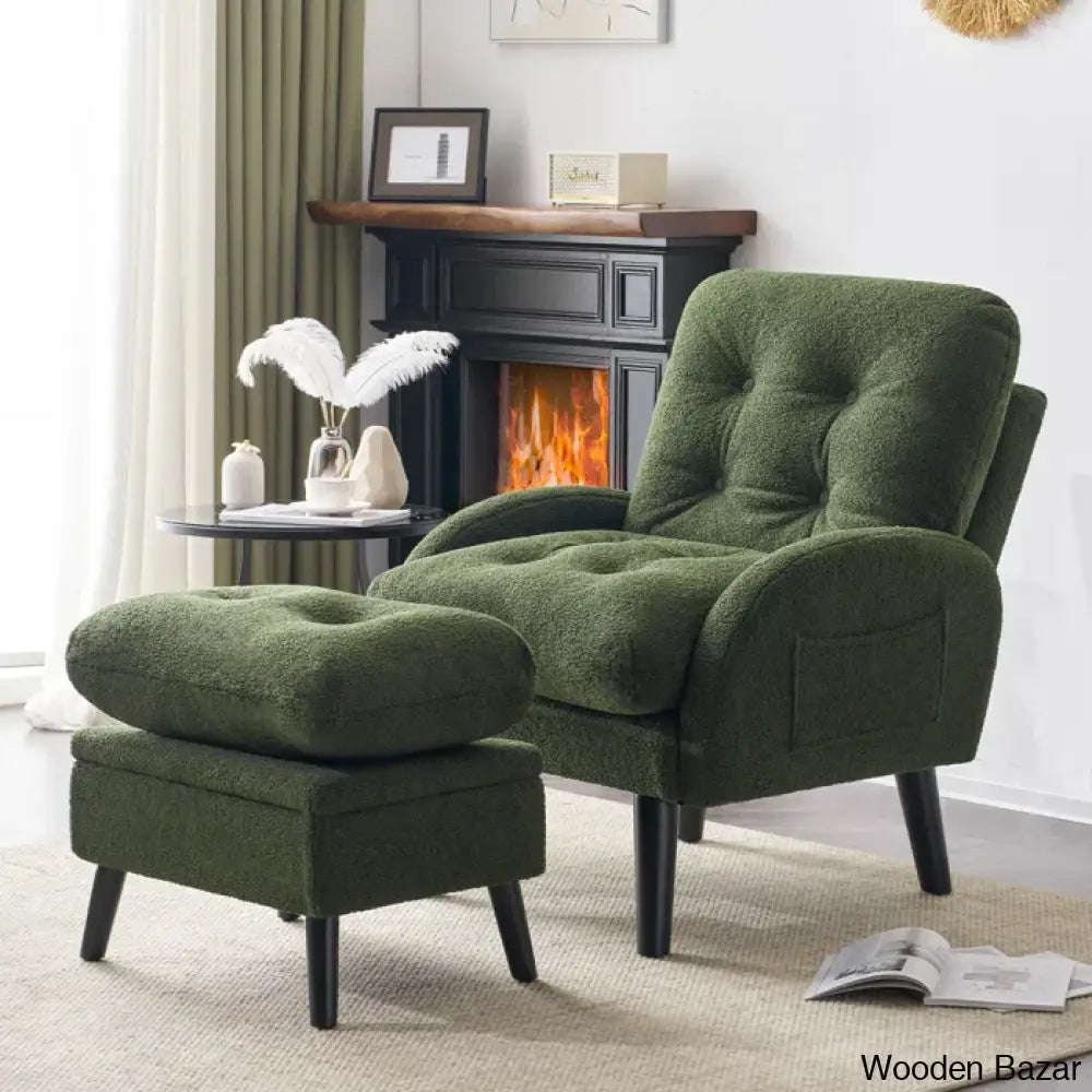 Upholstered Accent Chair And Recliner Ottoman Set Lounge Chair Green Teddy Fleece