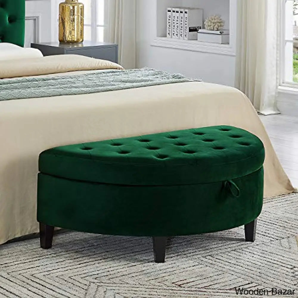 24kf velvet upholstered tufted button half moon storage bench large ottoman soft padded seat dressing shoe bench -jade