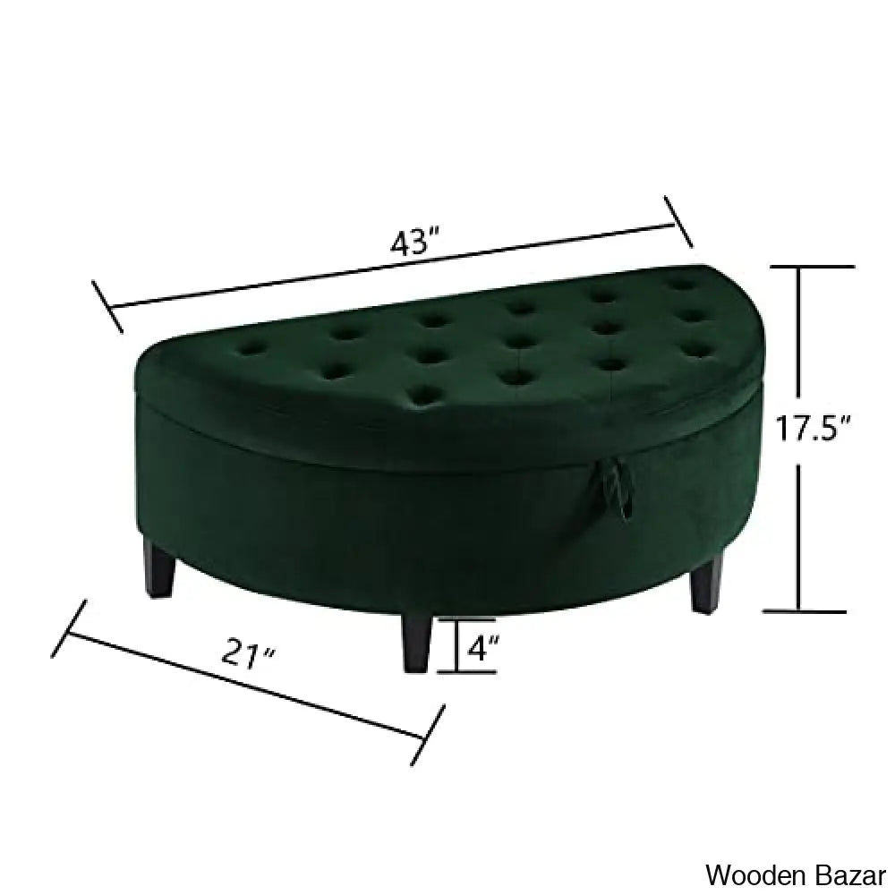 24kf velvet upholstered tufted button half moon storage bench large ottoman soft padded seat dressing shoe bench -jade