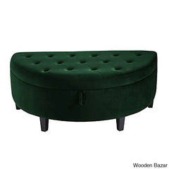24kf velvet upholstered tufted button half moon storage bench large ottoman soft padded seat dressing shoe bench -jade