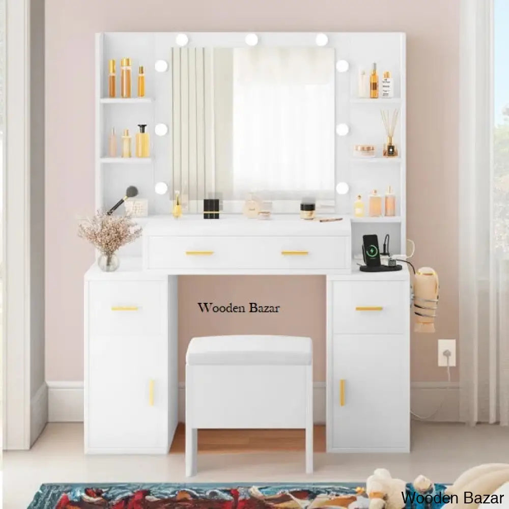 Venette Vanity Dressing Table With Built-In Outlets And Lighted Mirror Stool