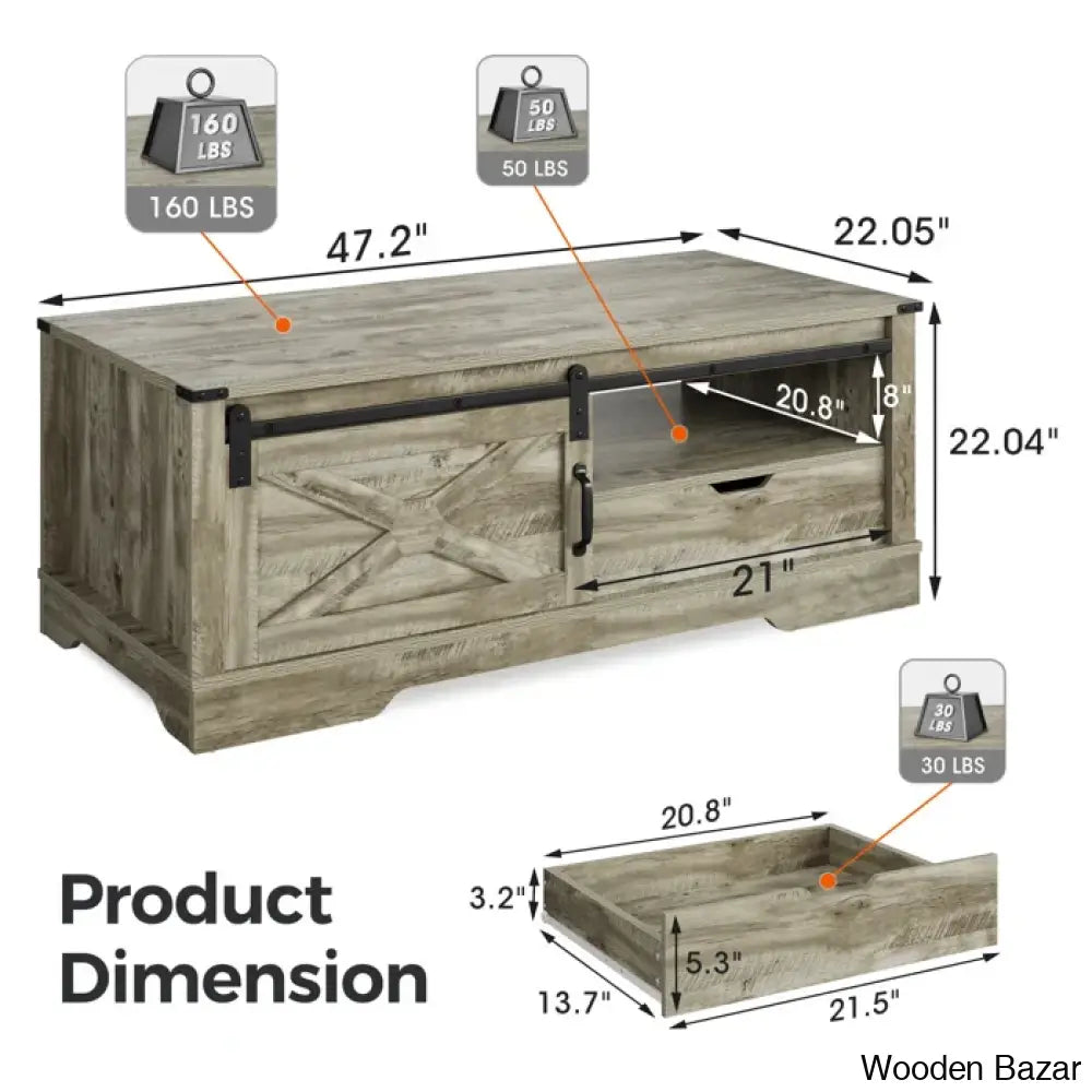 Versaviah 47’’ Farmhouse Coffee And Center Table With Drawer Barn Door