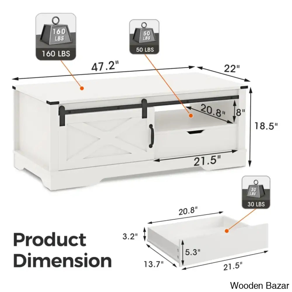 Versaviah 47’’ Farmhouse Coffee And Center Table With Drawer Barn Door