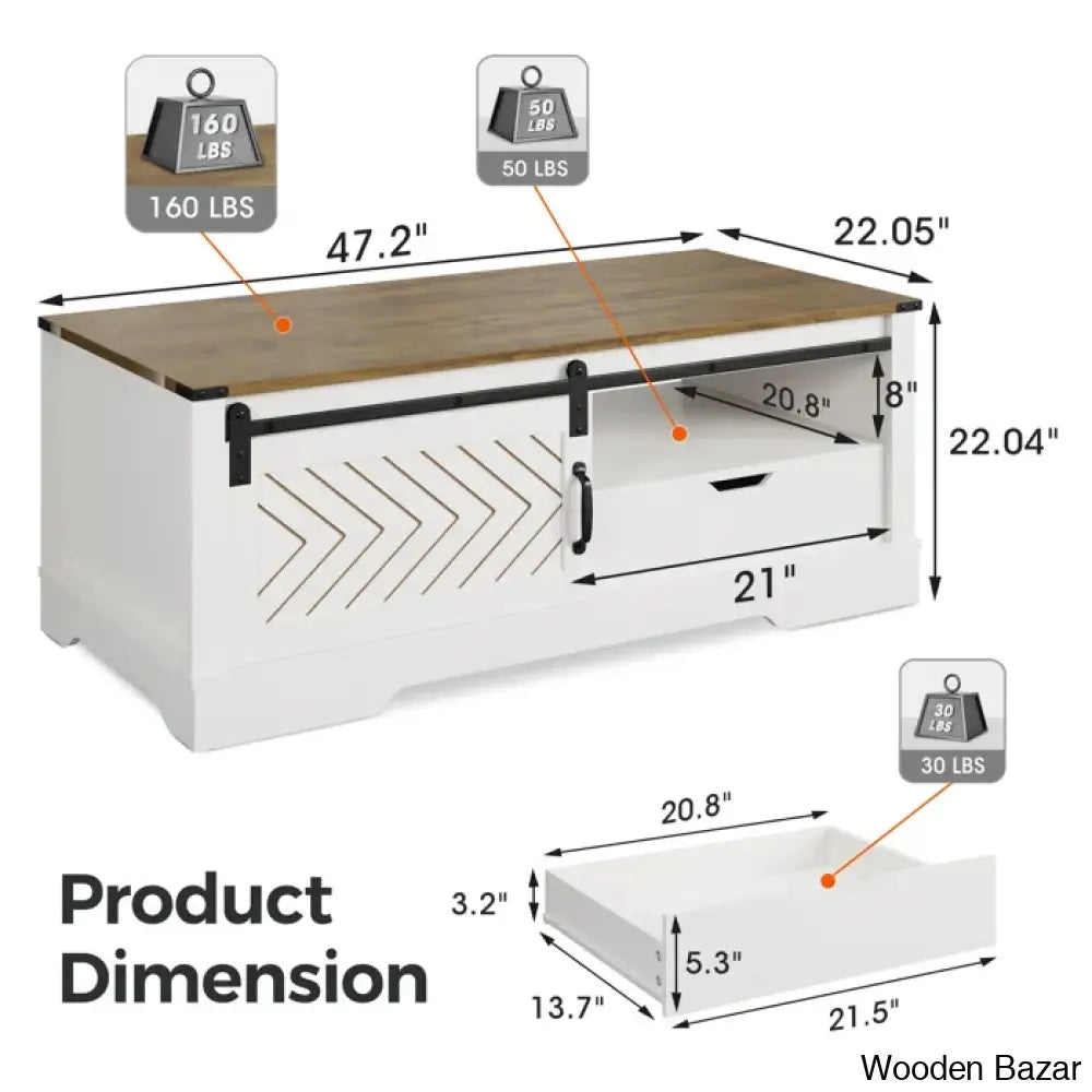 Versaviah 47’’ Farmhouse Coffee And Center Table With Drawer Barn Door