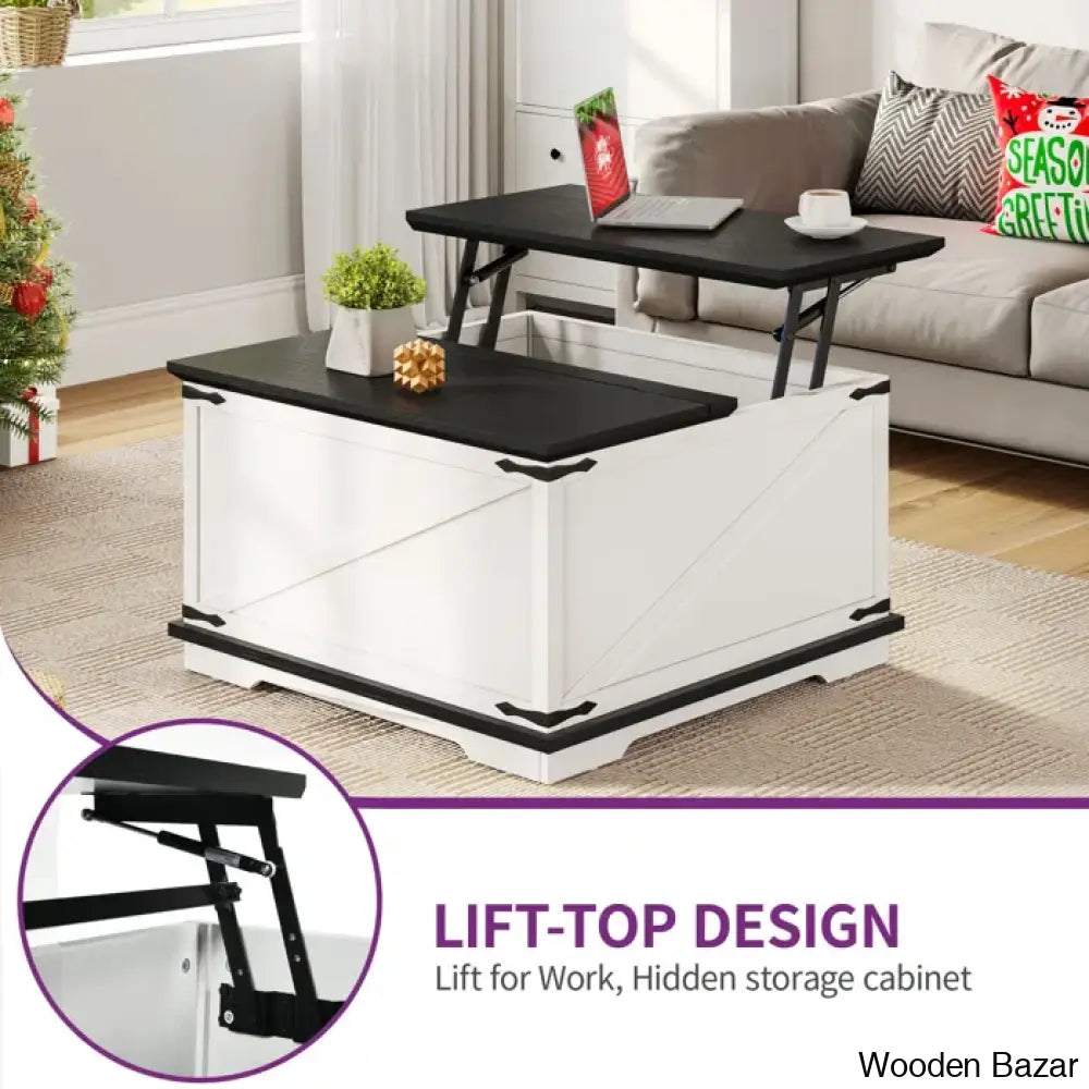 Vihaanu Farmhouse Lift Top Coffee And Center Table 2 Way With Storage For Living Room