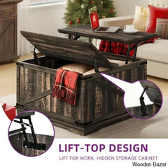 Vihaanu Farmhouse Lift Top Coffee And Center Table 2 Way With Storage For Living Room