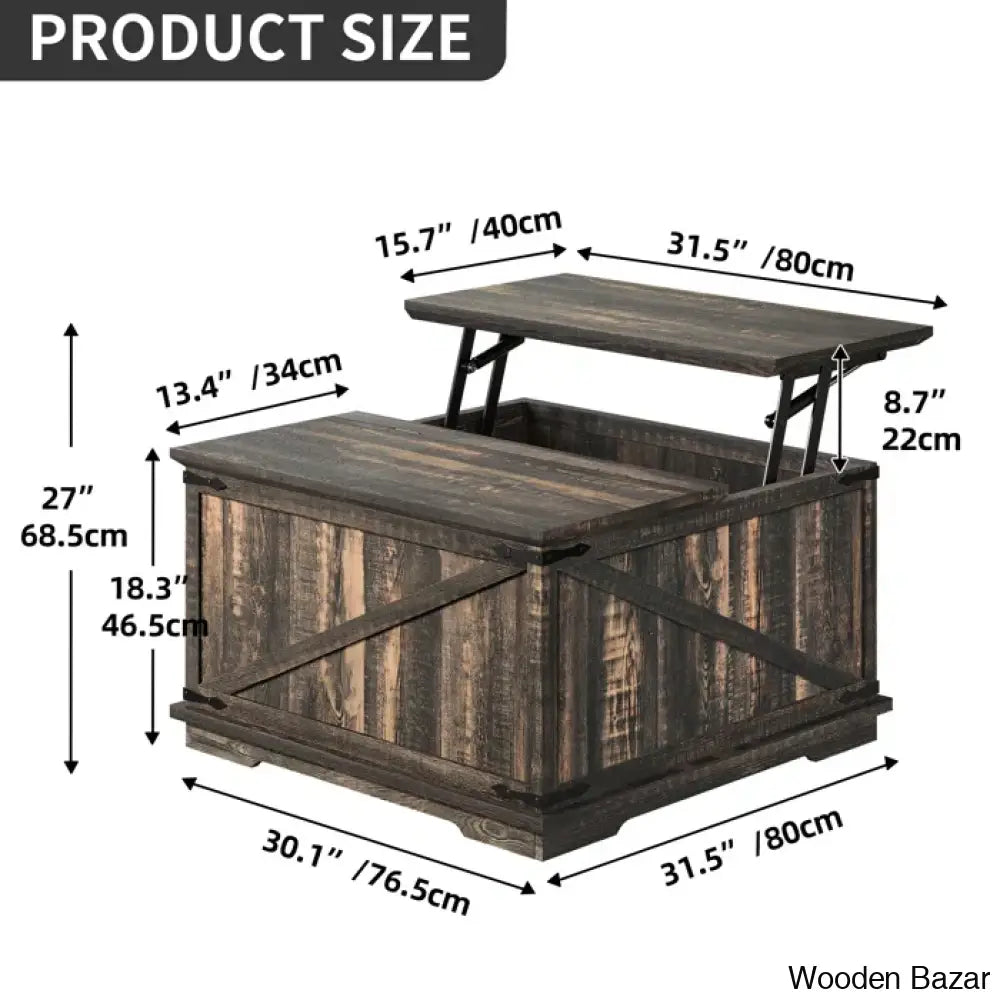 Vihaanu Farmhouse Lift Top Coffee And Center Table 2 Way With Storage For Living Room