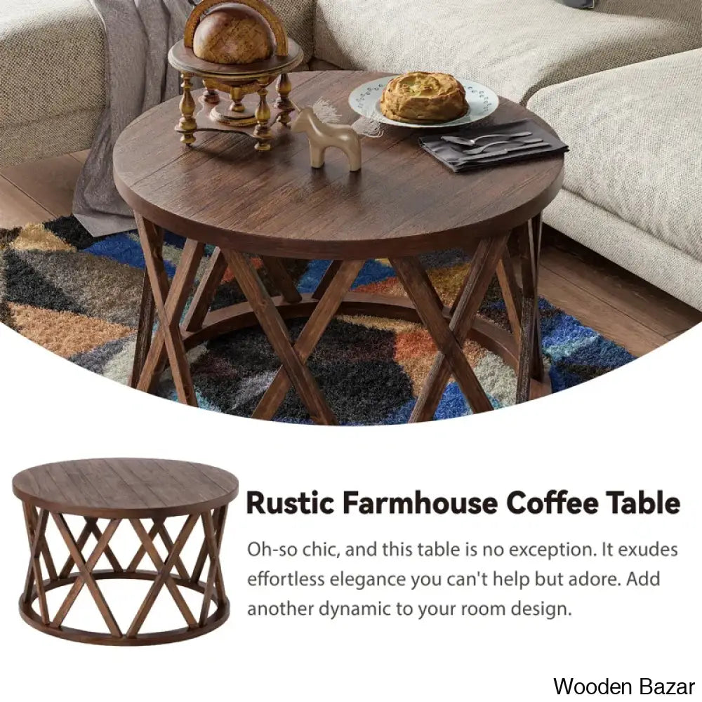 Viradise Farmhouse Coffee And Center Table Rustic Round With X-Motifs Legs