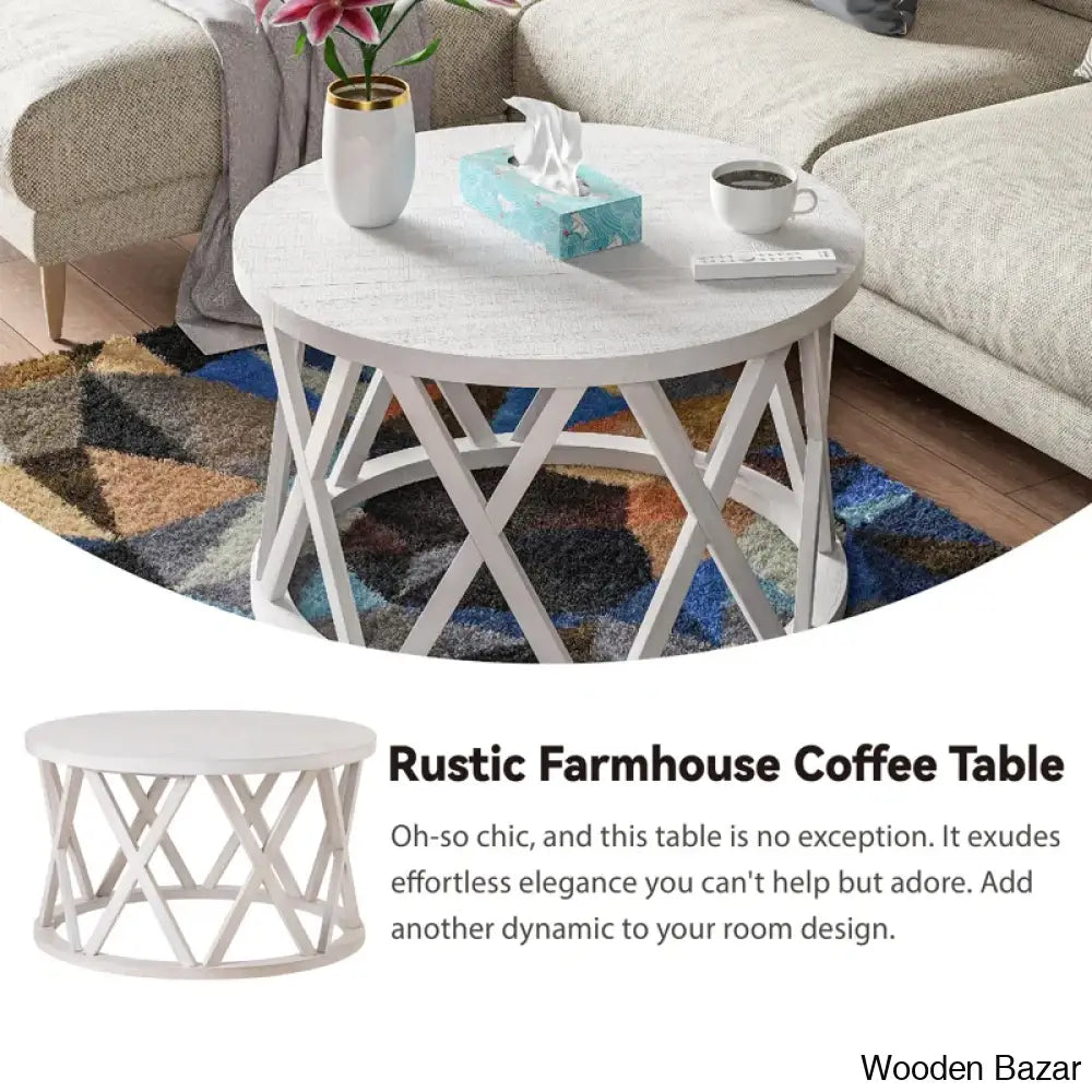 Viradise Farmhouse Coffee And Center Table Rustic Round With X-Motifs Legs