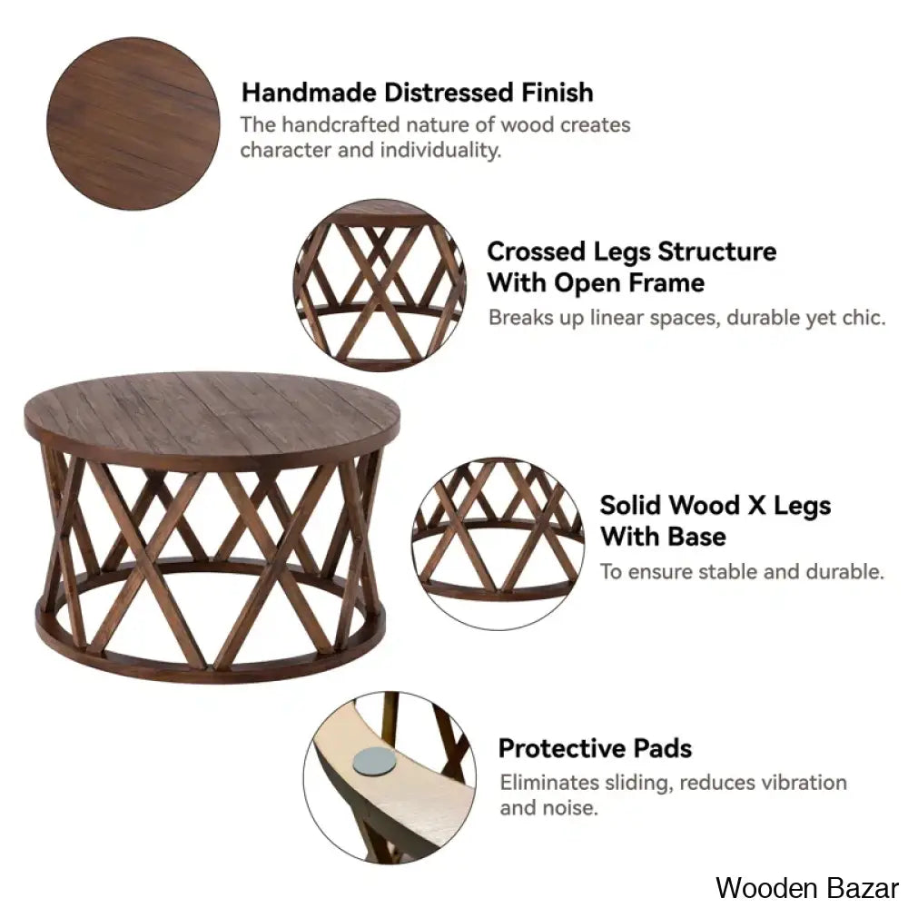 Viradise Farmhouse Coffee And Center Table Rustic Round With X-Motifs Legs