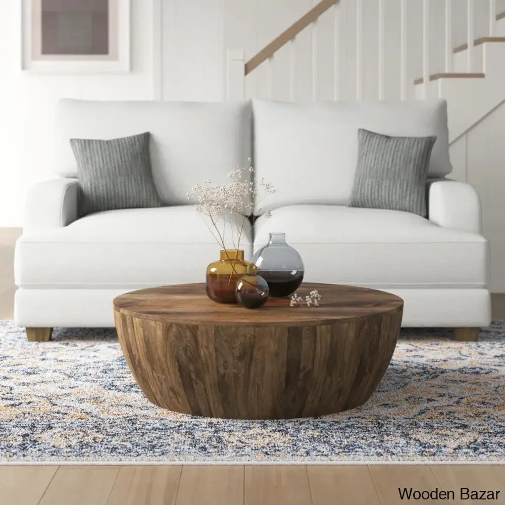 Vivenne Mango Wood Drum Coffee Table And Center Table Walnut