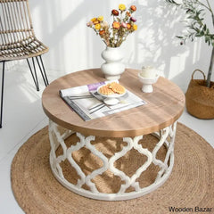 Windfield Farmhouse Round Coffee Table Rustic Distressed Wood Top White/Natural