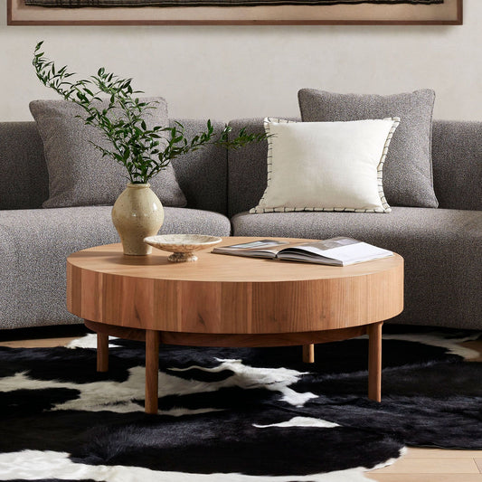 Edden Wood Drum Round Coffee Table - Wooden Bazar