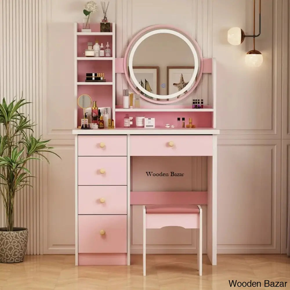 Wooden Bazar Hermanson Vanity Dressing Table Wood With Mirror And Stool Pink