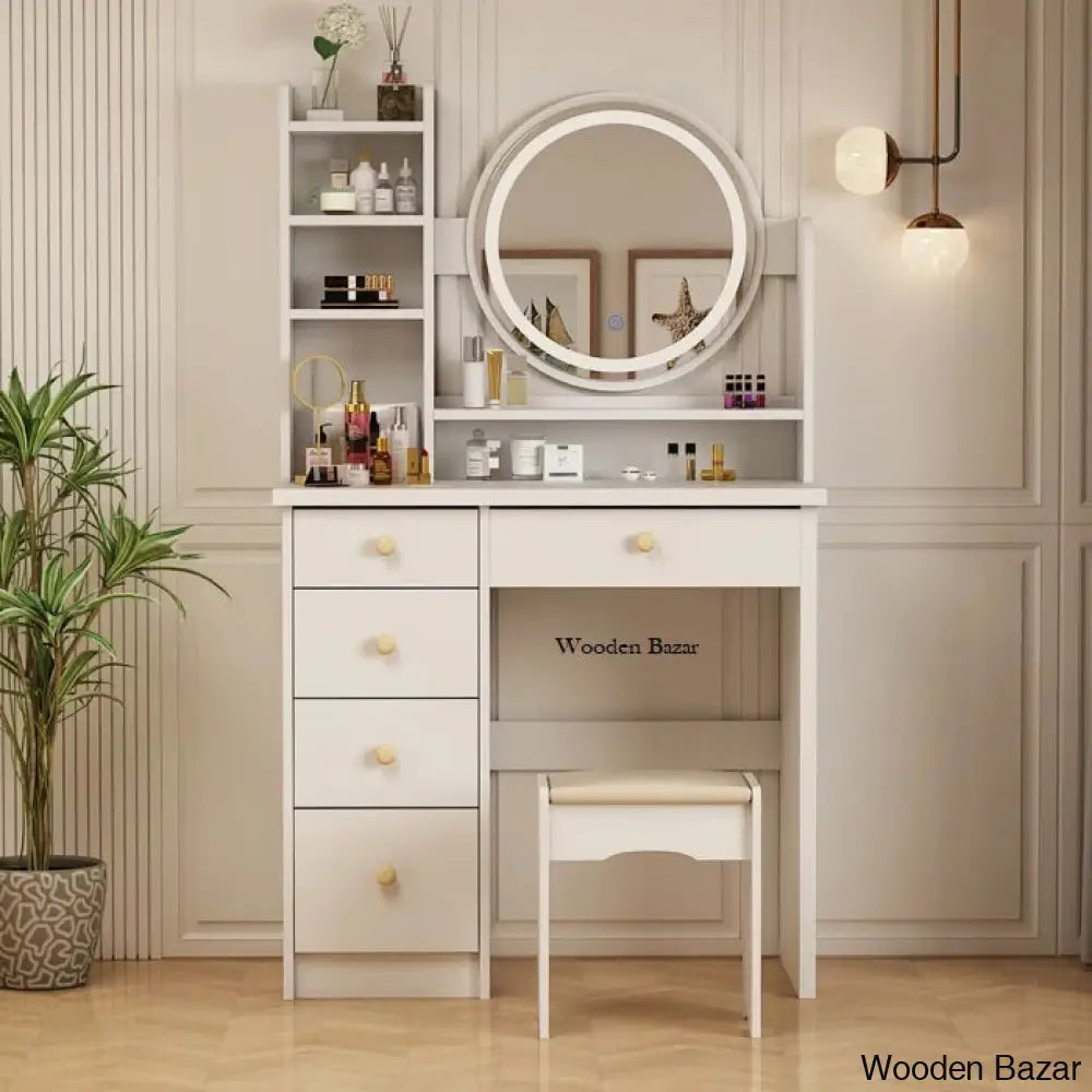 Wooden Bazar Hermanson Vanity Dressing Table Wood With Mirror And Stool White