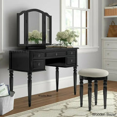 Wooden Bazar Luanna Vanity Dressing Table With Mirror And Stool Black