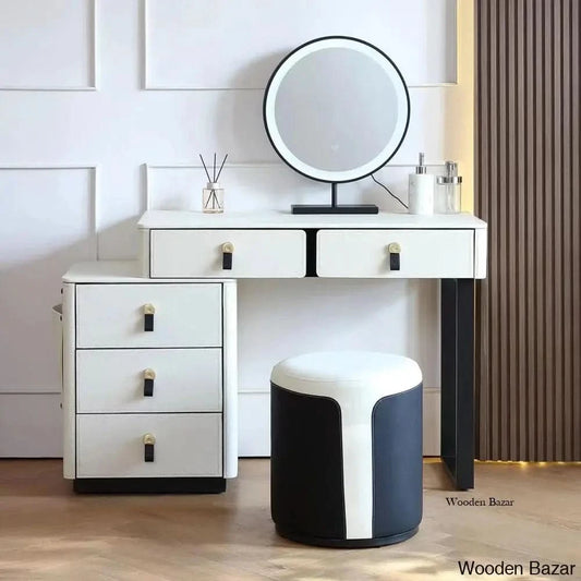 Wooden Bazar Rina Leather Makeup Vanity Dressing Table And Stool Set With Mirror Lights