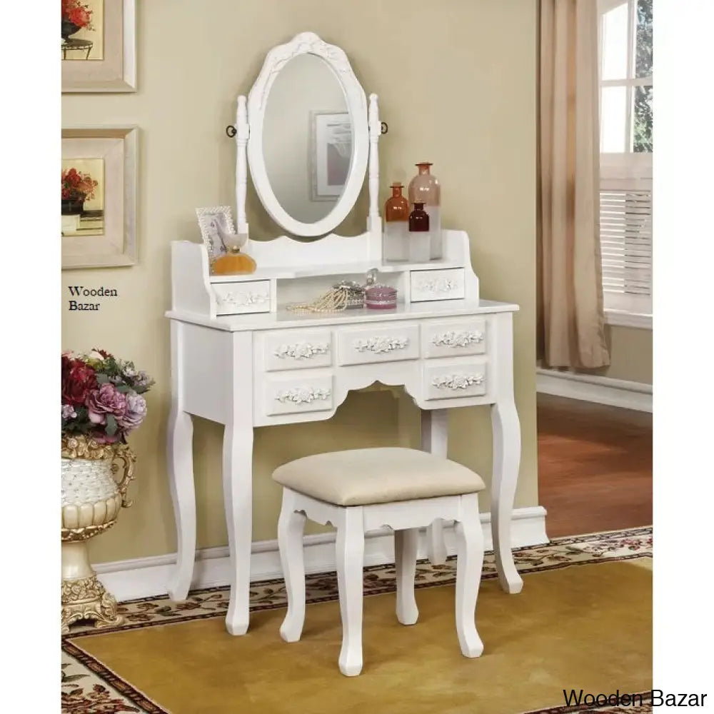 Wooden Bazar Sheehan Vanity Dressing Table Wooden With Mirror Stool White