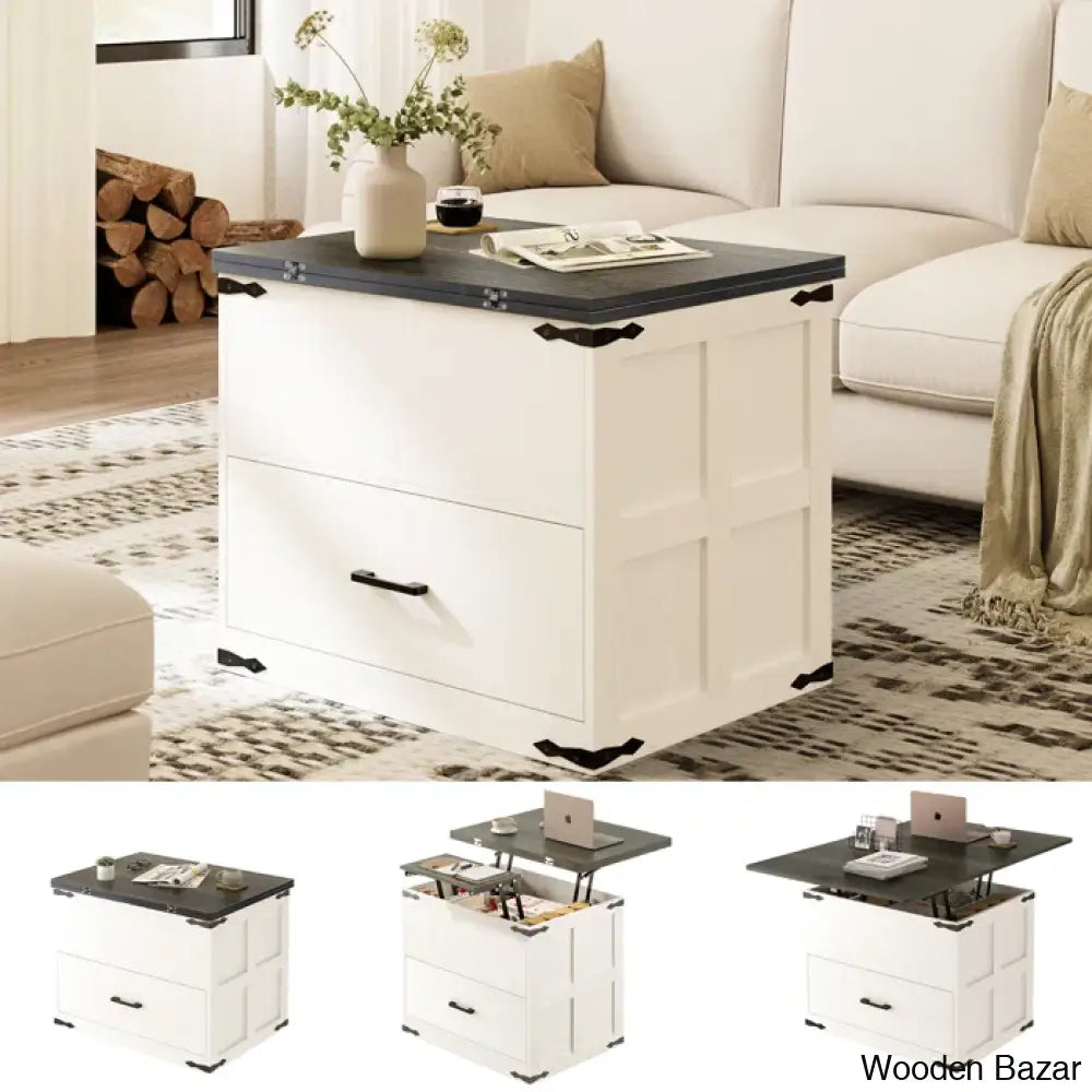 Wynnie Farmhourse Wood Square Coffee And Center Table Lift Top With 4-In-1 Storage