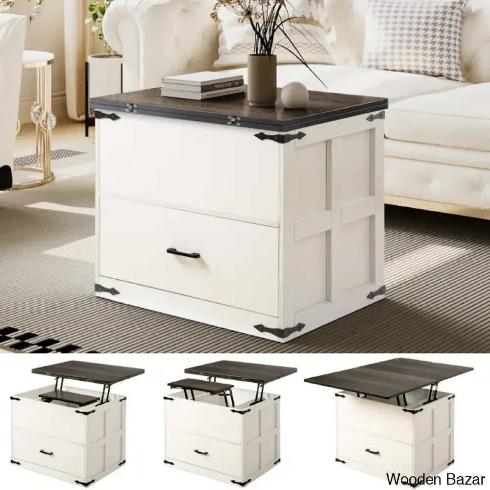 Wynnie Farmhourse Wood Square Coffee And Center Table Lift Top With 4-In-1 Storage