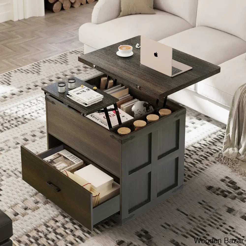 Wynnie Farmhourse Wood Square Coffee And Center Table Lift Top With 4-In-1 Storage