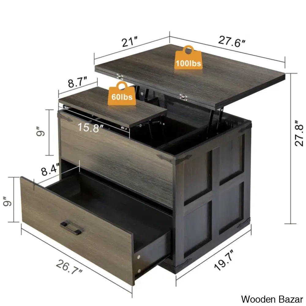 Wynnie Farmhourse Wood Square Coffee And Center Table Lift Top With 4-In-1 Storage