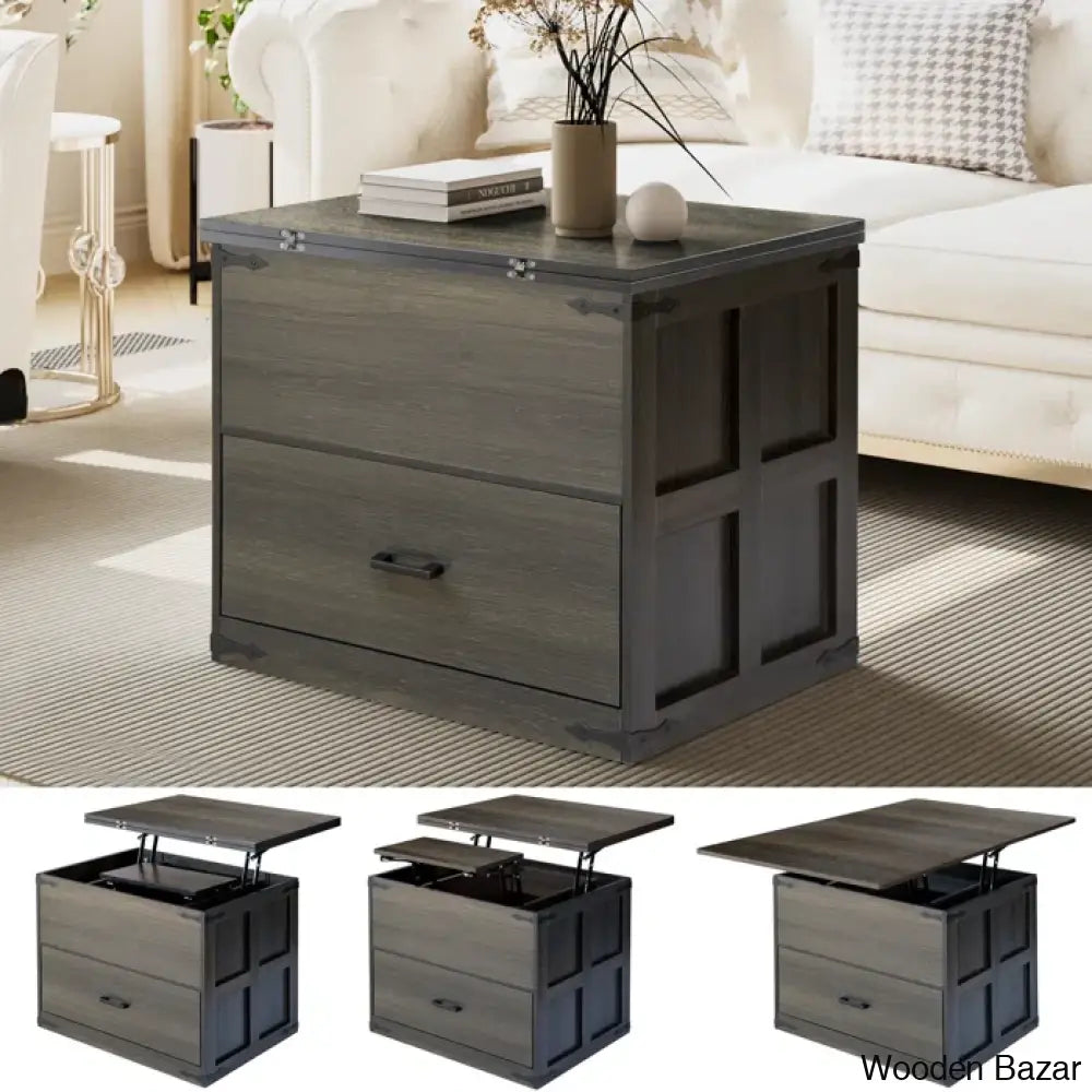 Wynnie Farmhourse Wood Square Coffee And Center Table Lift Top With 4-In-1 Storage