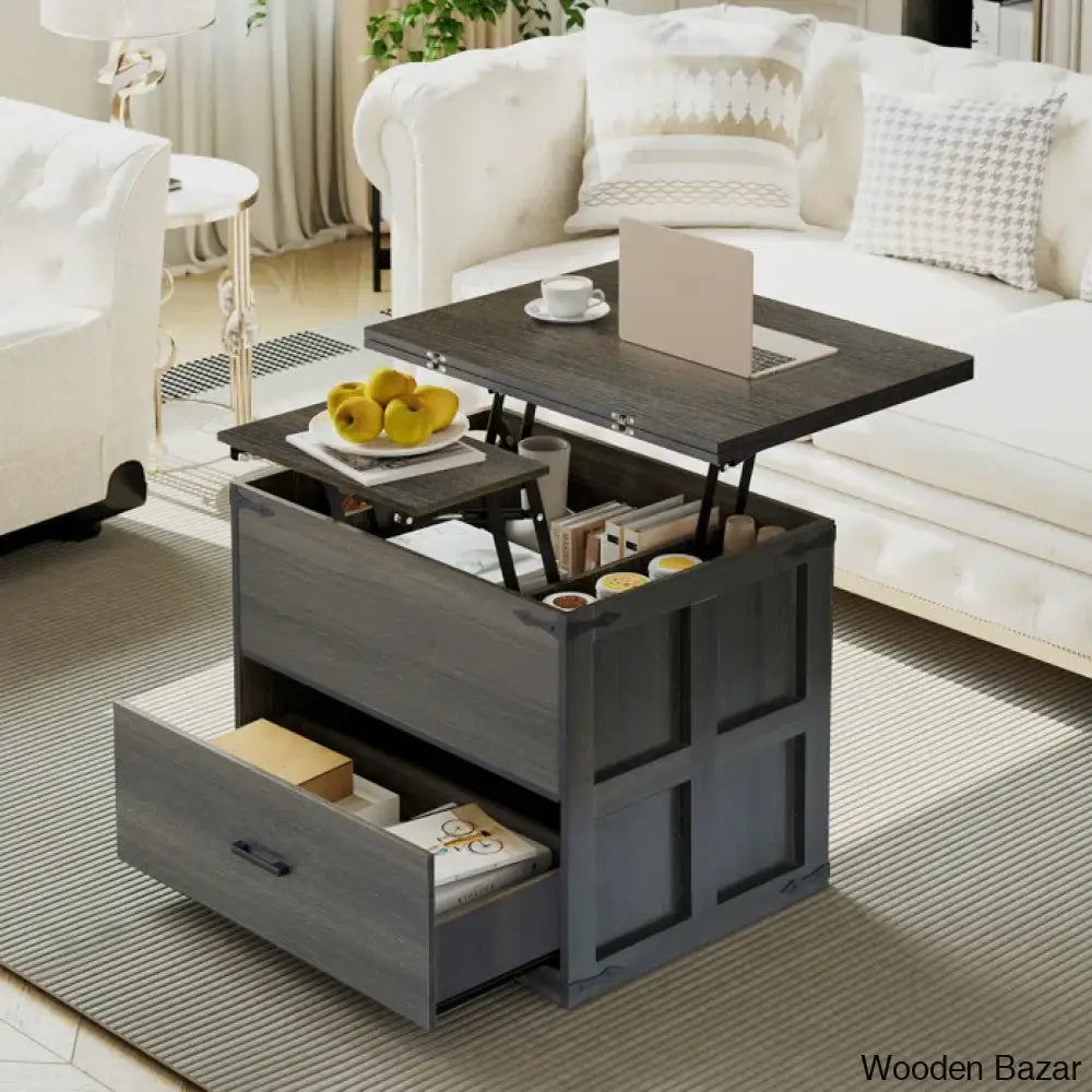 Wynnie Farmhourse Wood Square Coffee And Center Table Lift Top With 4-In-1 Storage