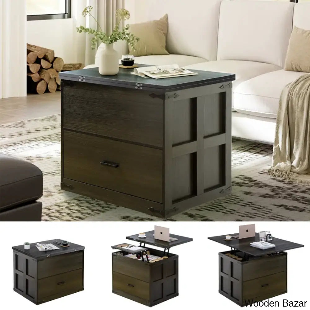 Wynnie Farmhourse Wood Square Coffee And Center Table Lift Top With 4-In-1 Storage