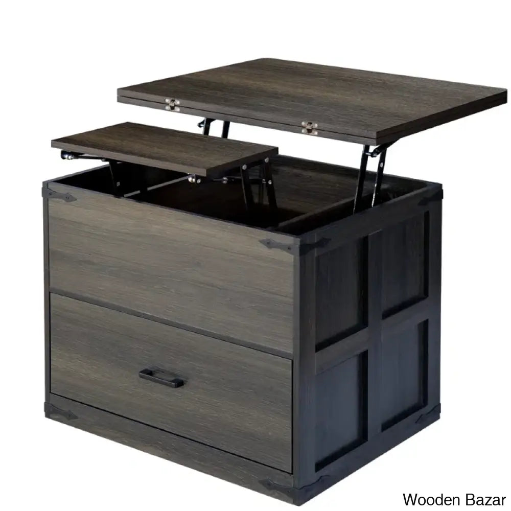 Wynnie Farmhourse Wood Square Coffee And Center Table Lift Top With 4-In-1 Storage