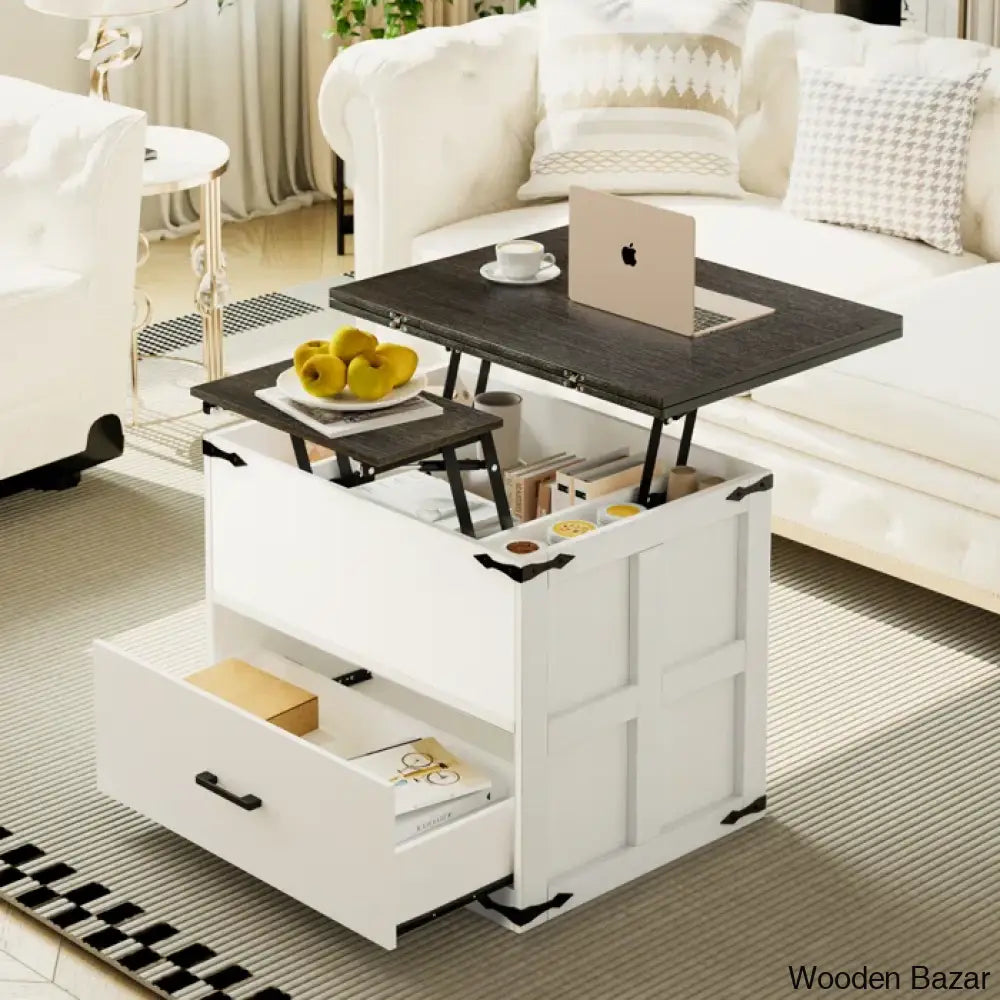 Wynnie Farmhourse Wood Square Coffee And Center Table Lift Top With 4-In-1 Storage