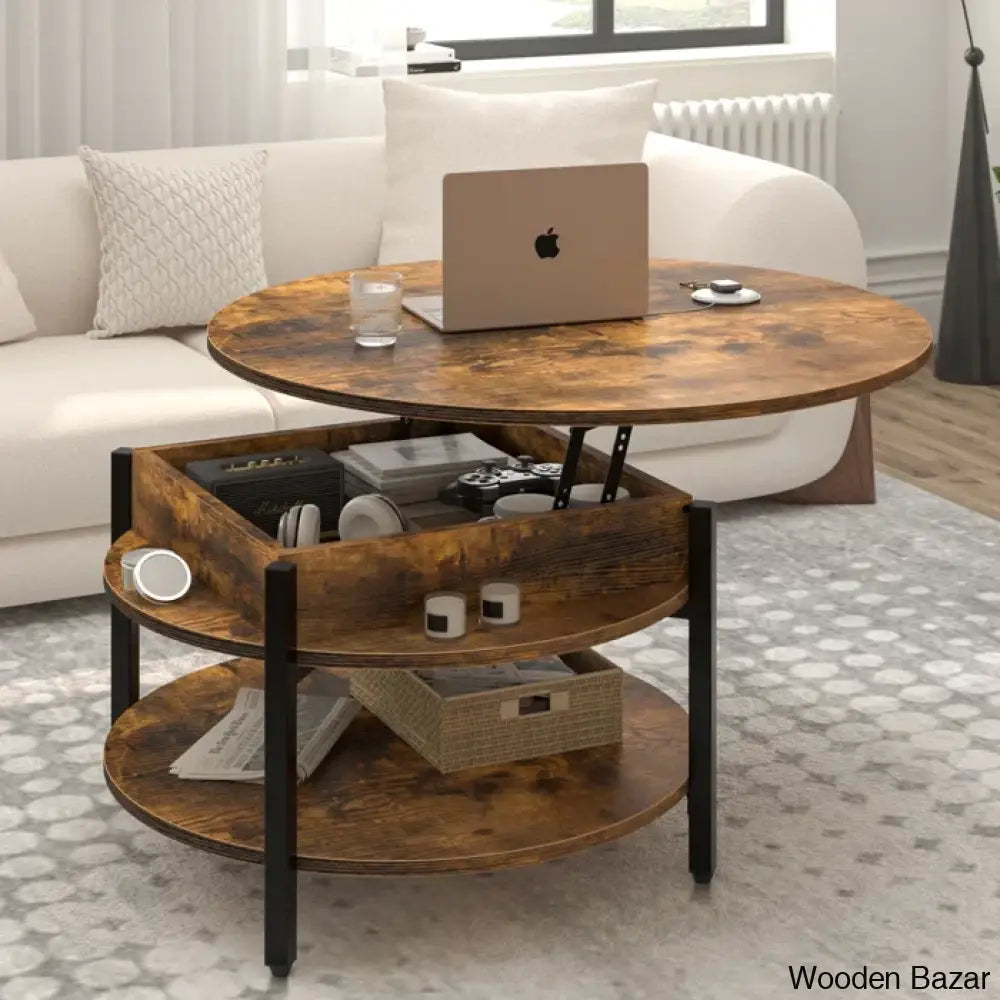 Wynny Wood Round Lift-Top Small Coffee Table Storage Cocktail