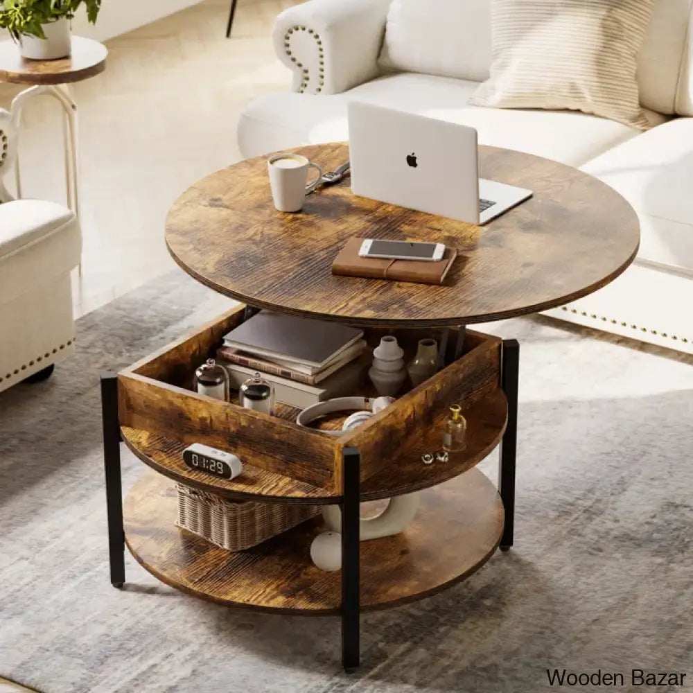 Wynny Wood Round Lift-Top Small Coffee Table Storage Cocktail