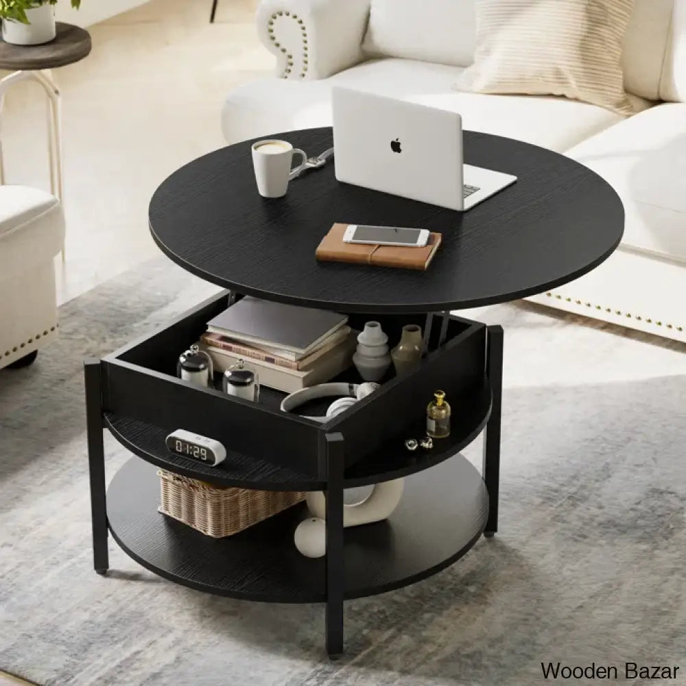 Wynny Wood Round Lift-Top Small Coffee Table Storage Cocktail