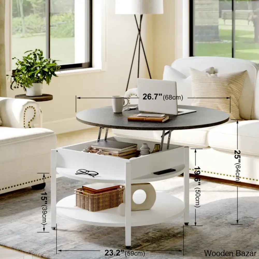 Wynny Wood Round Lift-Top Small Coffee Table Storage Cocktail