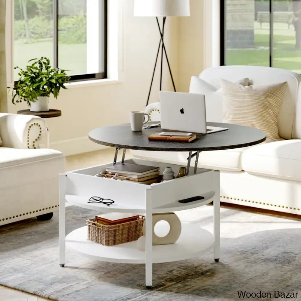 Wynny Wood Round Lift-Top Small Coffee Table Storage Cocktail