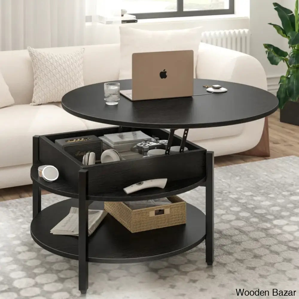 Wynny Wood Round Lift-Top Small Coffee Table Storage Cocktail