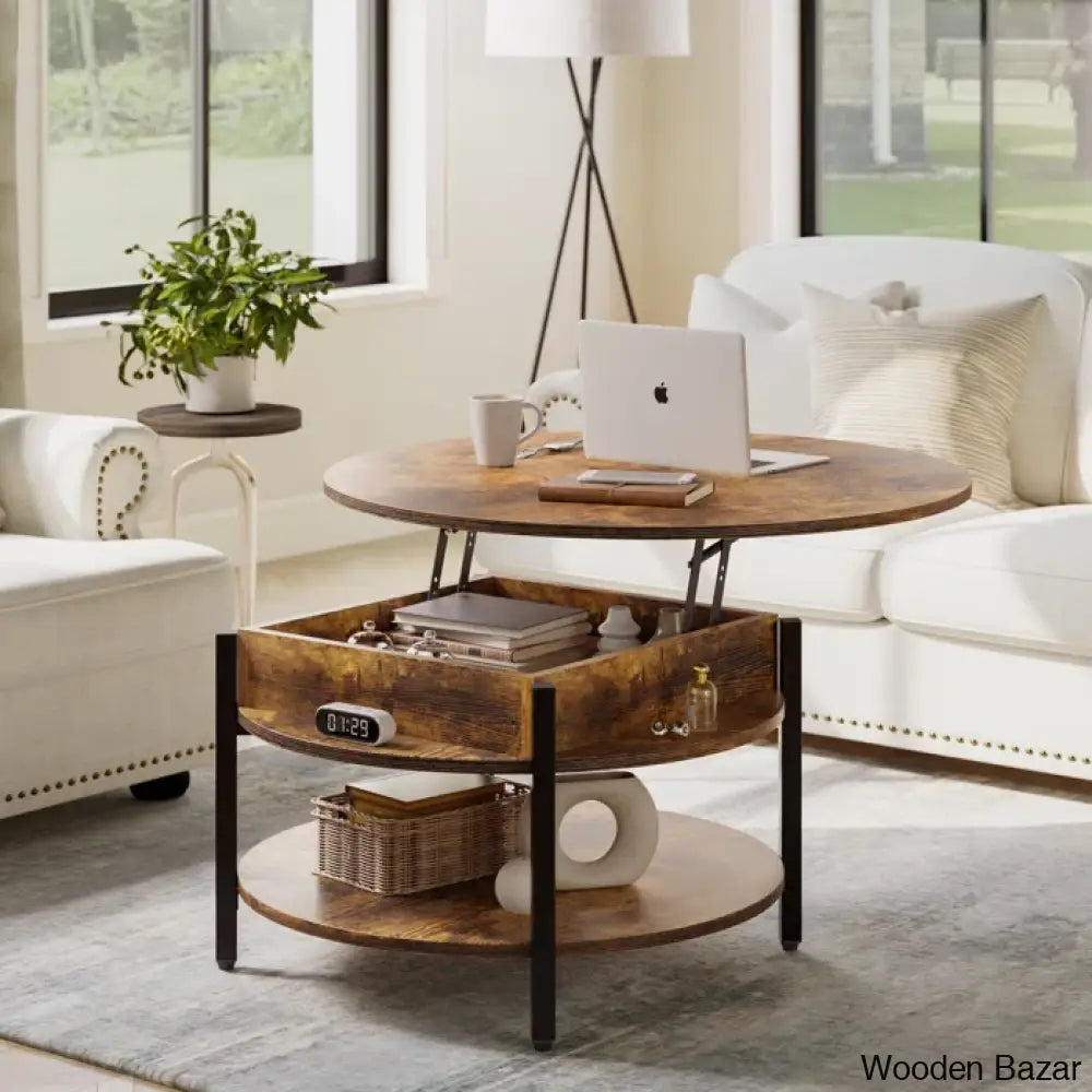 Wynny Wood Round Lift-Top Small Coffee Table Storage Cocktail