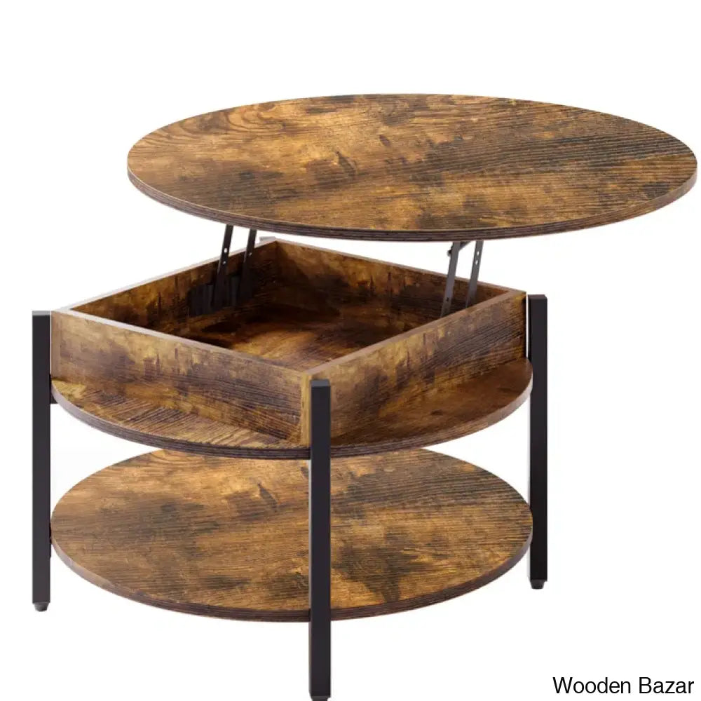 Wynny Wood Round Lift-Top Small Coffee Table Storage Cocktail