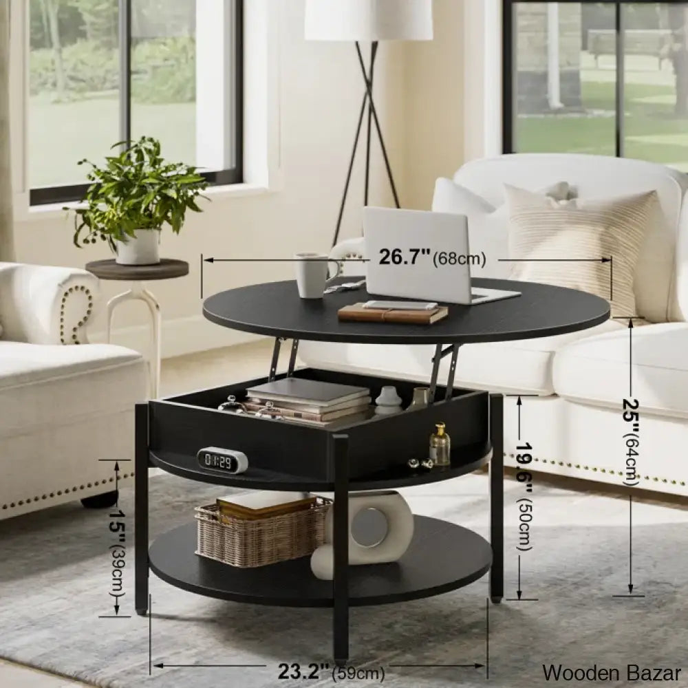 Wynny Wood Round Lift-Top Small Coffee Table Storage Cocktail