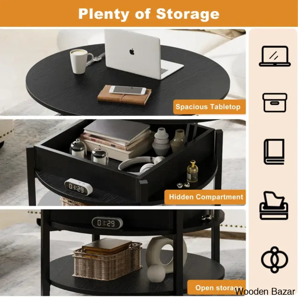 Wynny Wood Round Lift-Top Small Coffee Table Storage Cocktail