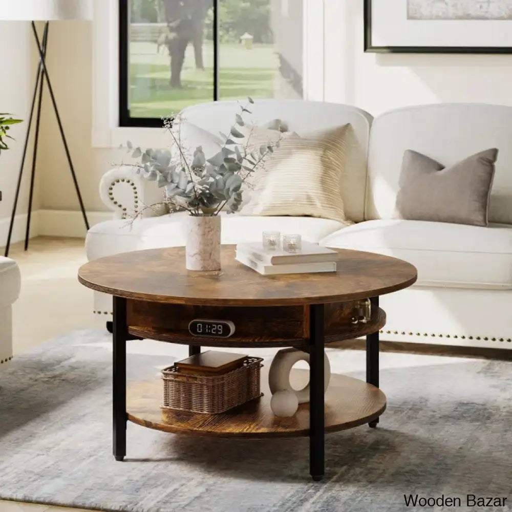 Wynny Wood Round Lift-Top Small Coffee Table Storage Cocktail